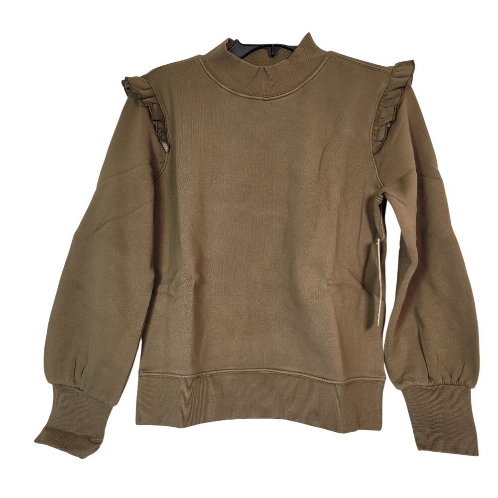 Goodthreads Women Heritage Fleece Long Sleeve Ruffle Shoulder Sweatshirt Olive M